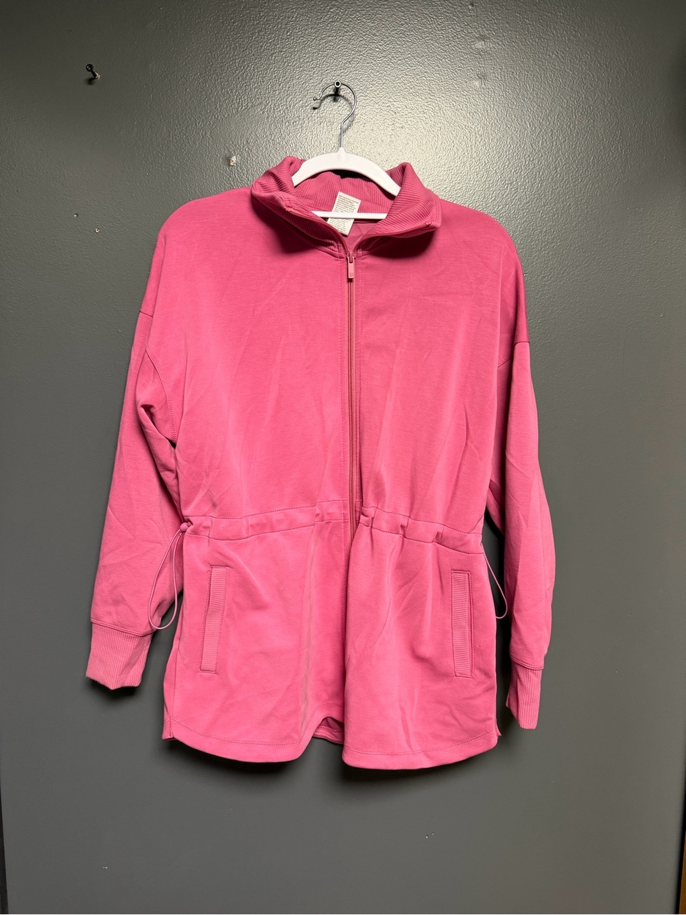 NWOT All In Motion Pink Woven Cinch Waist Full Zip Jacket Size L Mock Neck